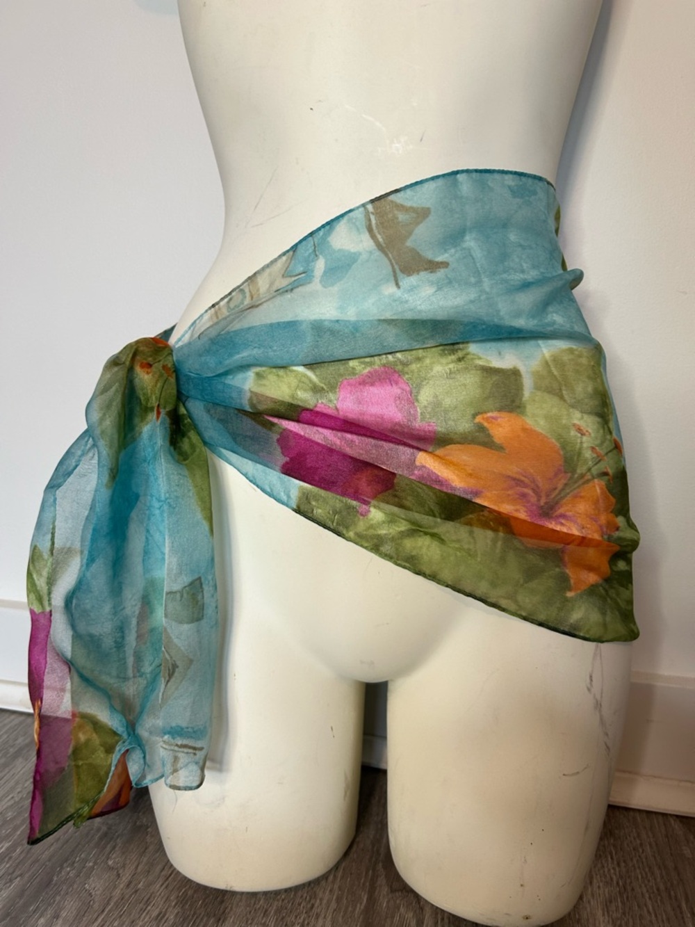 Sheer Floral Blue Scarf - Could be Worn as Sarong